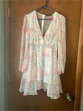 Sheer Floral V-Neck Long Sleeve Dress - White with Pink & Blue